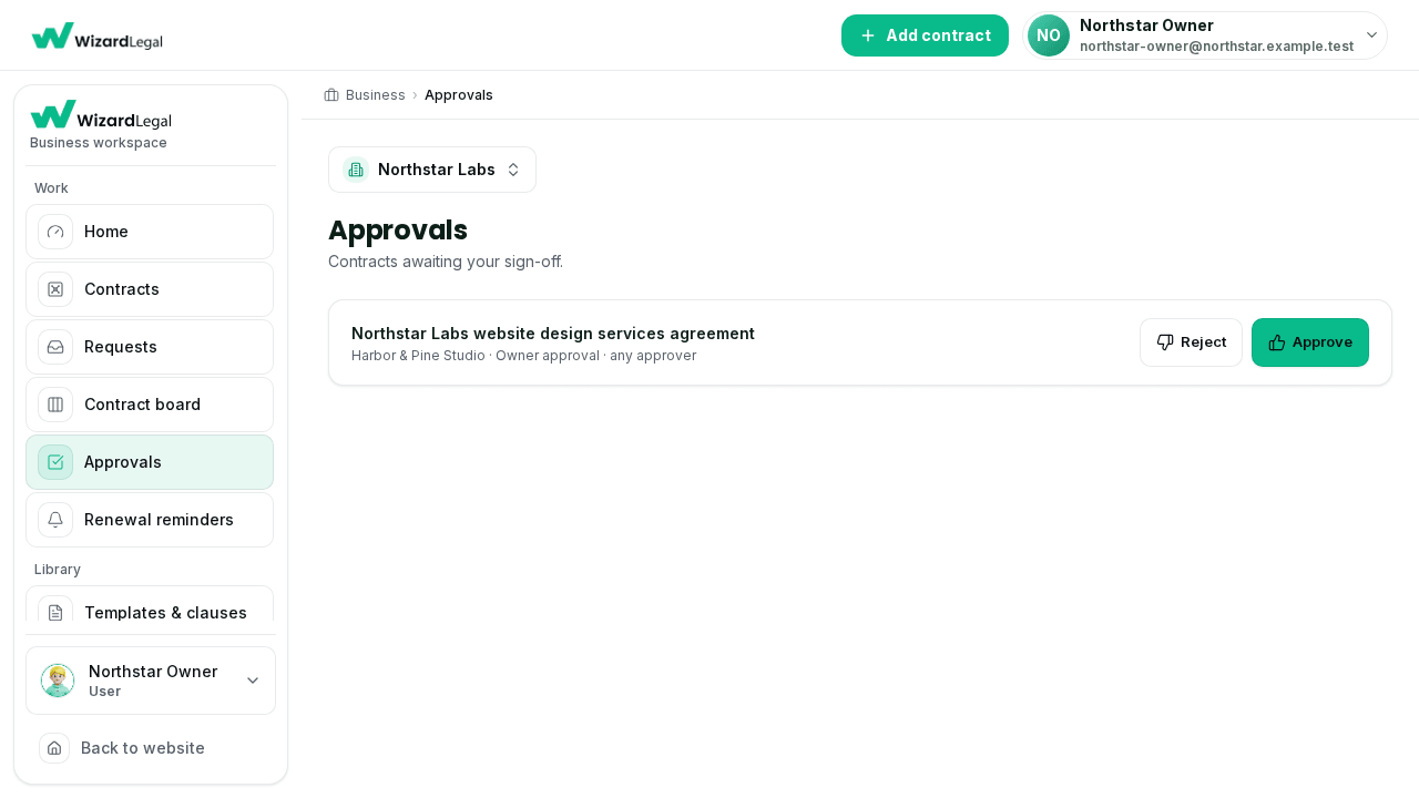 Northstar Labs workspace approval queue showing a contract awaiting an assigned approver's decision.