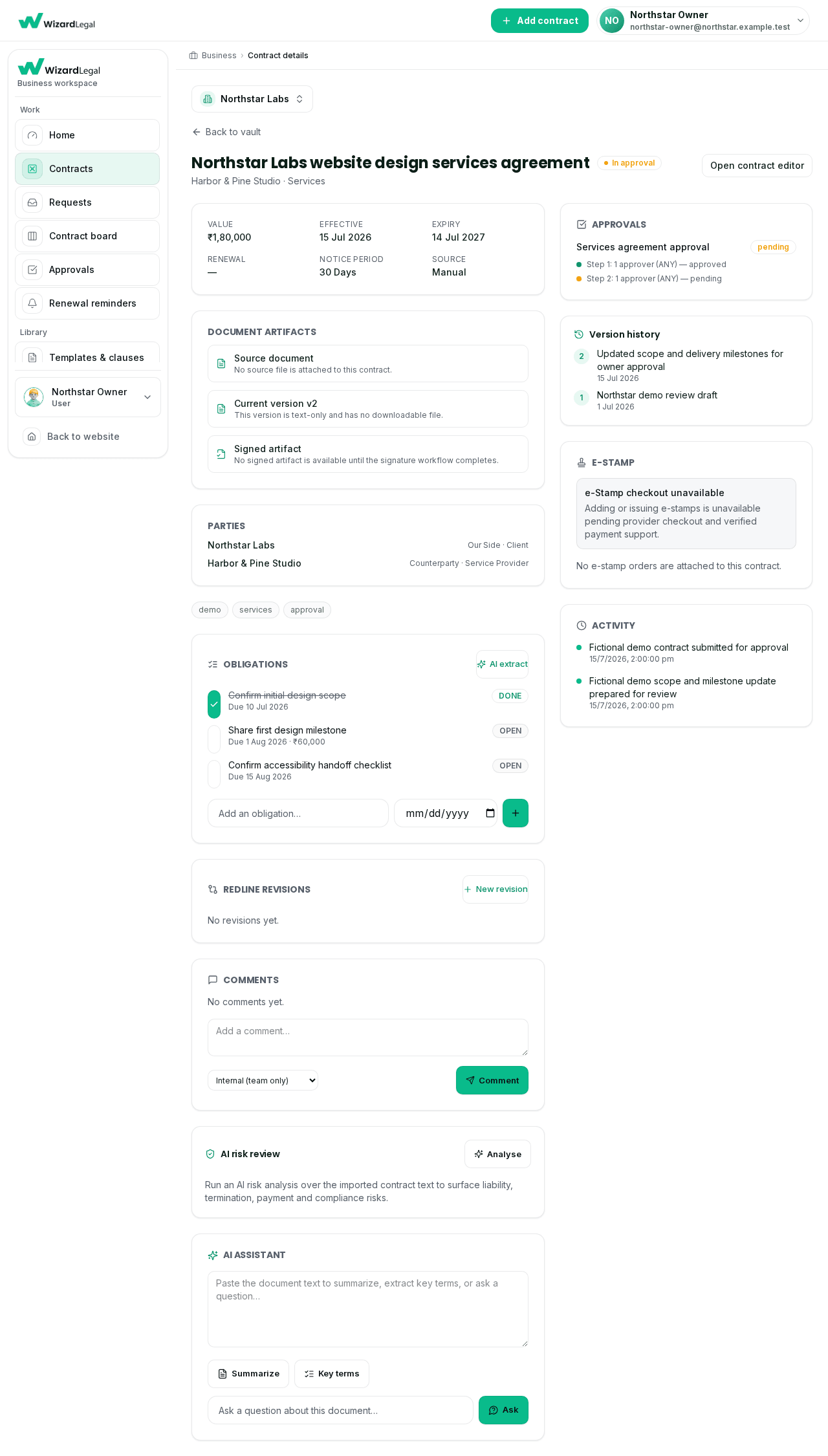 Northstar Labs workspace contract record showing dates, parties, document artifacts, approval progress, versions, and activity.