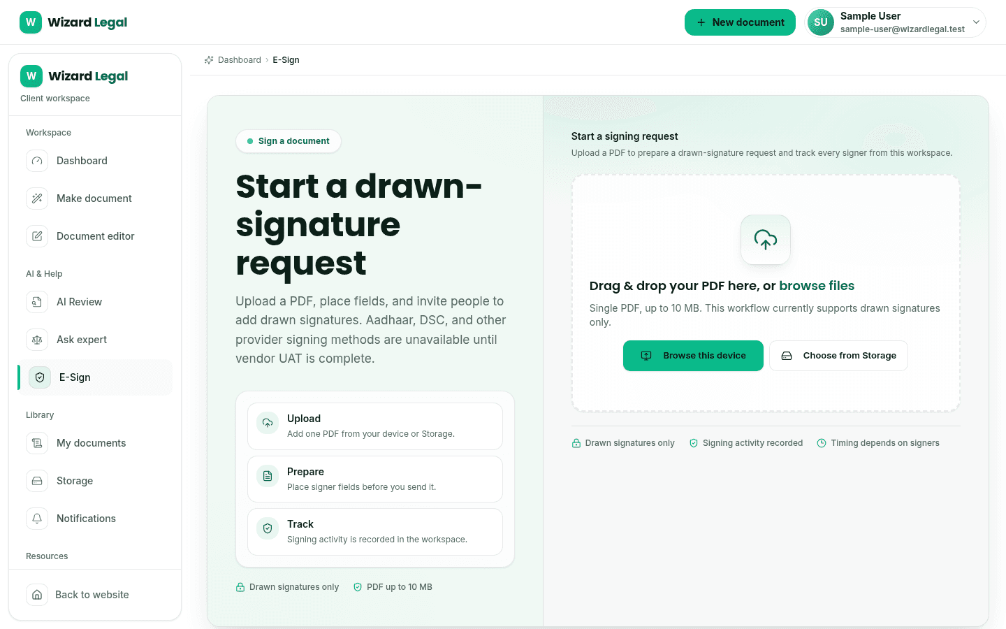 Illustrative e-sign workspace showing the starting point for uploading a PDF into a drawn-signature request.